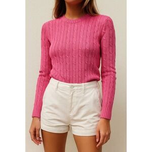 Ralph Lauren Black Label Pink Cable Knit Crewneck Long Sleeve Silk Sweater Small